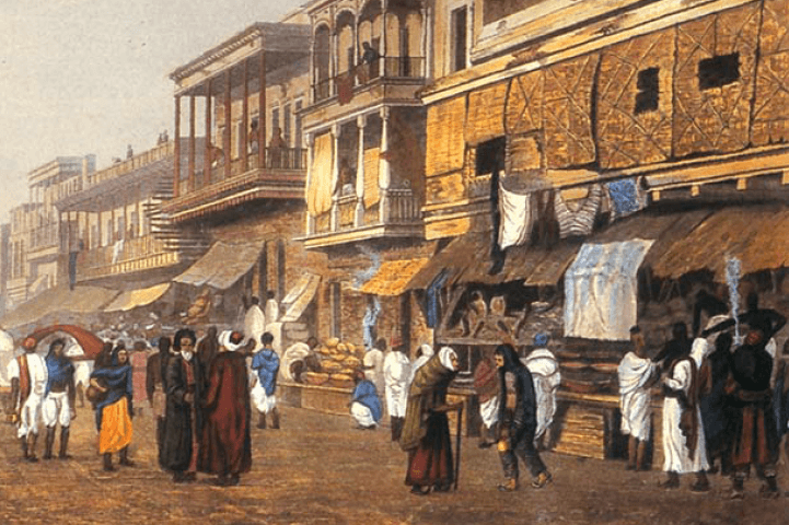 Medieval market scene in Vijayanagara with traders and jewelers